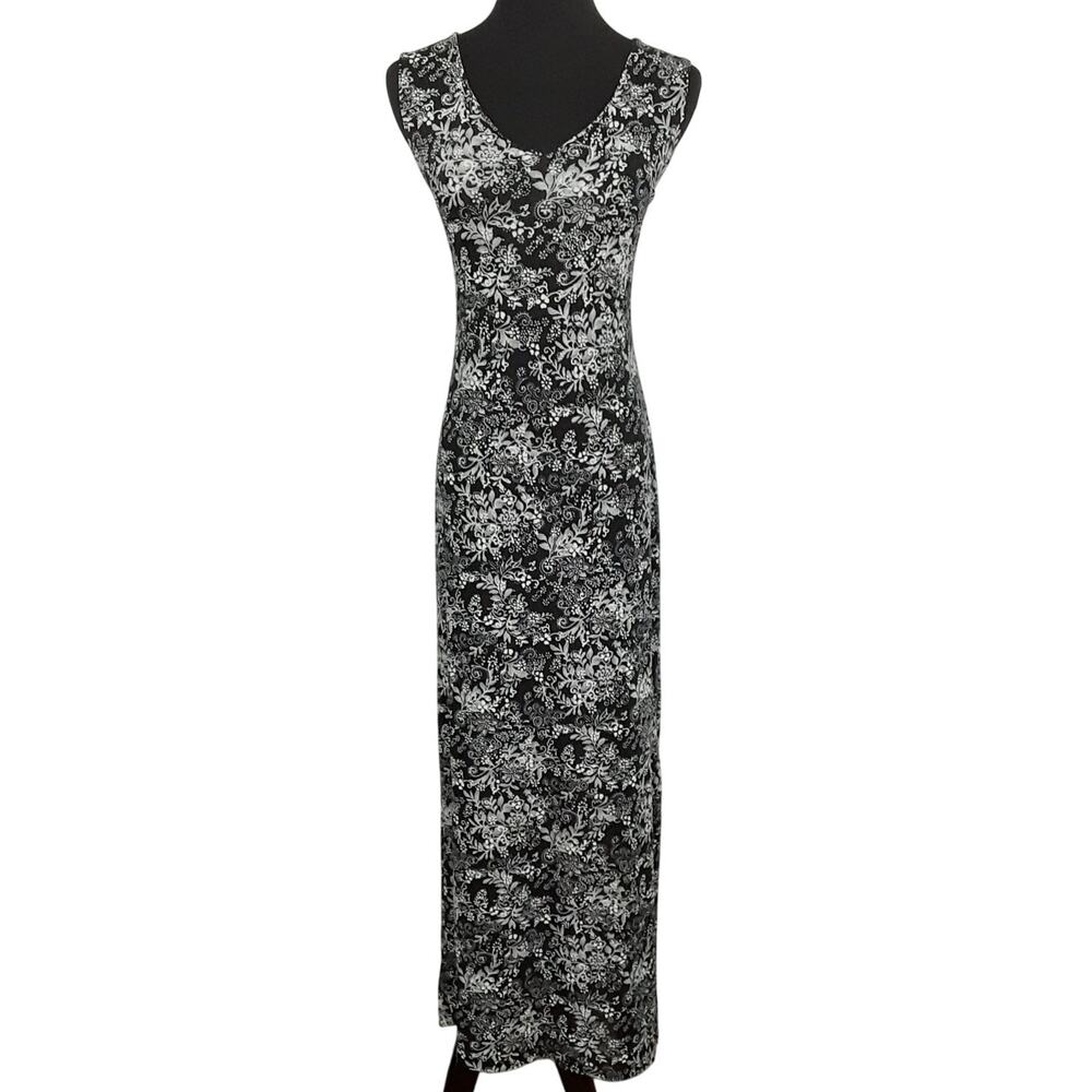 Vintage 90s Pencil Dress Sleeveless Maxi Black Floral Women M Friends Phoebe Y2K